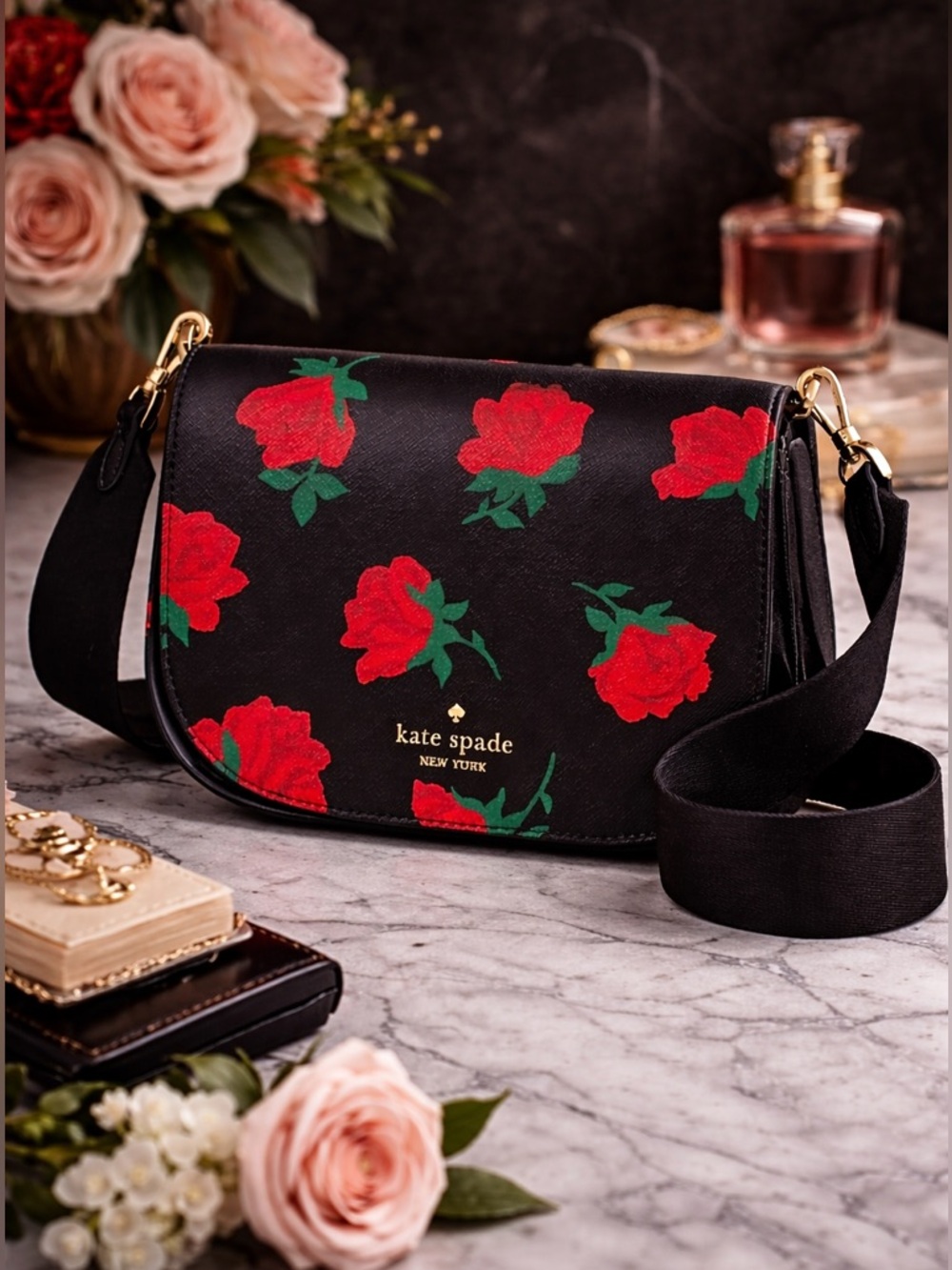 NWT Kate Spade Madison Rose Toss crossbody 💎 Saddle black floral gold hardware